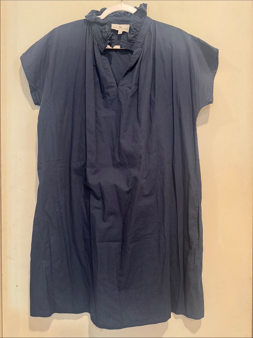 Never a Wallflower Size Large Blue Cap-Sleeve Ruffle-Neck Tunic Dress